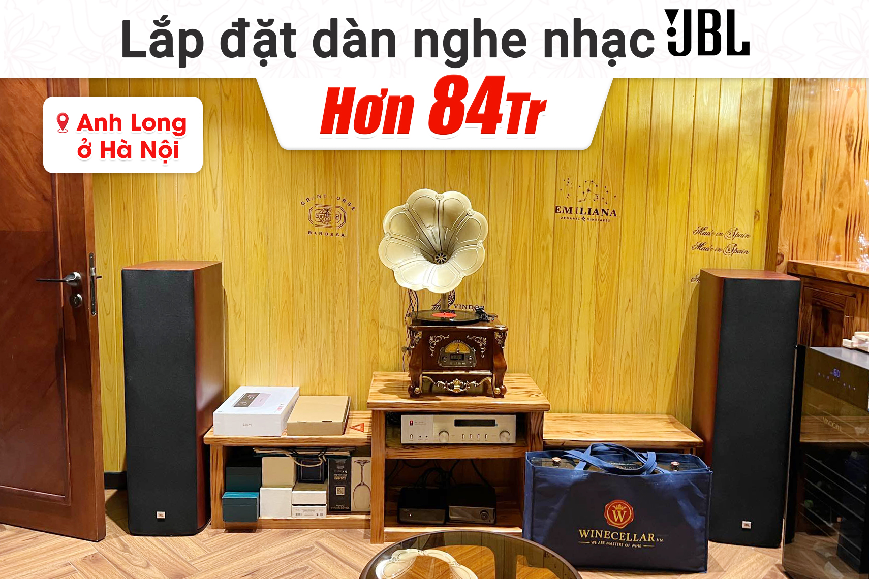 Lắp đặt dàn nghe nhạc JBL hơn 84tr cho anh Long tại Hà Nội (JBL Studio 698, JBL SA550, DAC WiiM Ultra)