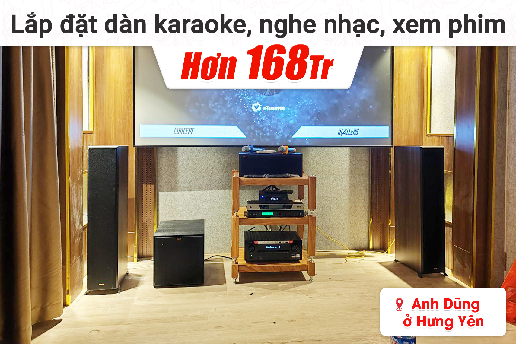 Lắp đặt dàn karaoke, nghe nhạc, xem phim hơn 168tr cho anh Hưng tại Hưng Yên (Klipsch RP-6000FII, RP-500M II, RP-500C II,…)