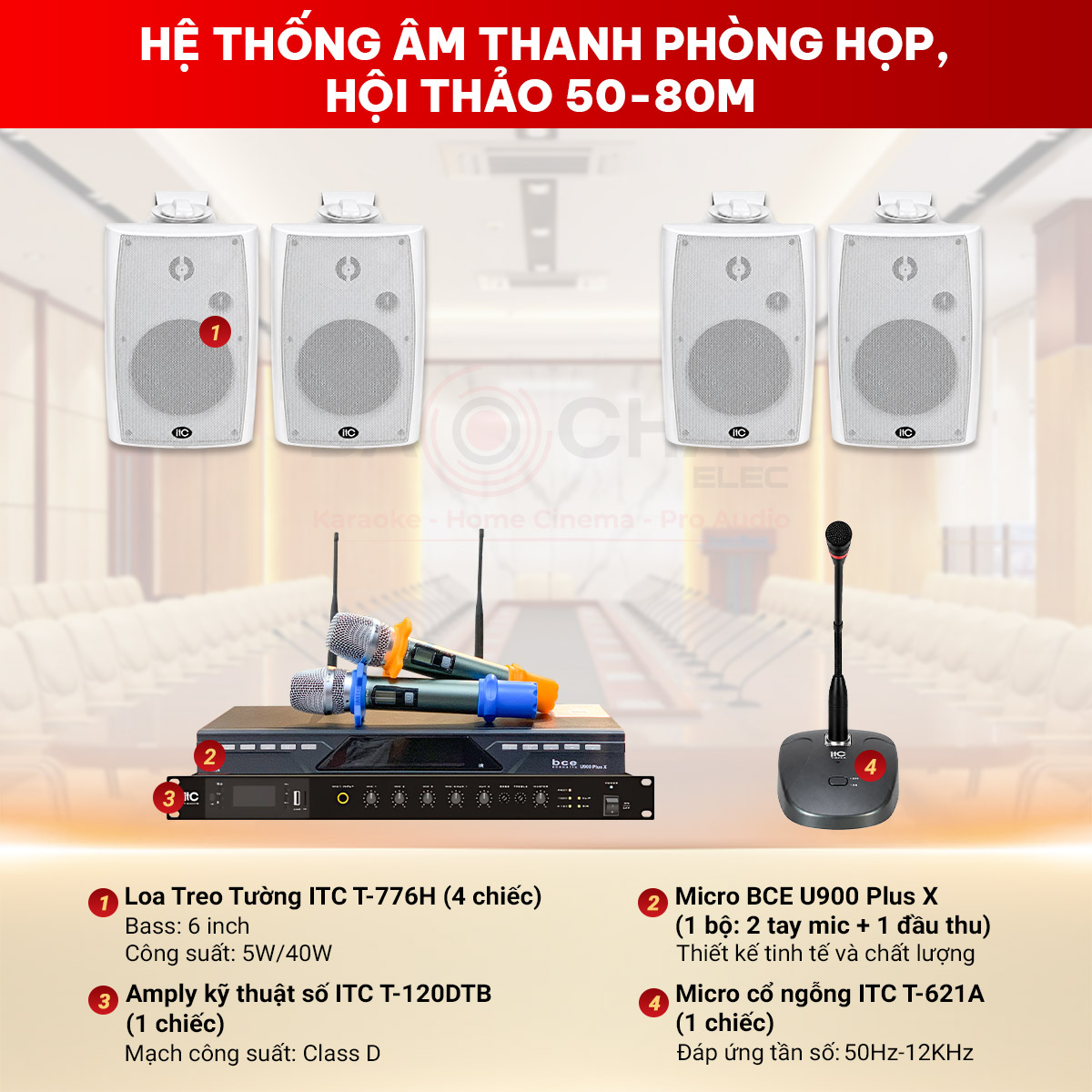 Cấu h&igrave;nh hệ thống &acirc;m thanh ph&ograve;ng họp, hội thảo kh&ocirc;ng d&acirc;y 50-80m