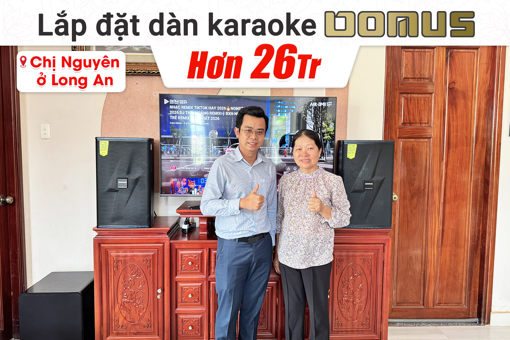 Lắp đặt dàn karaoke Domus hơn 26tr cho chị Nguyên tại Long An (Domus DP-6212 Max, Bksound DKA 8500, Bksound SW612 MKII)