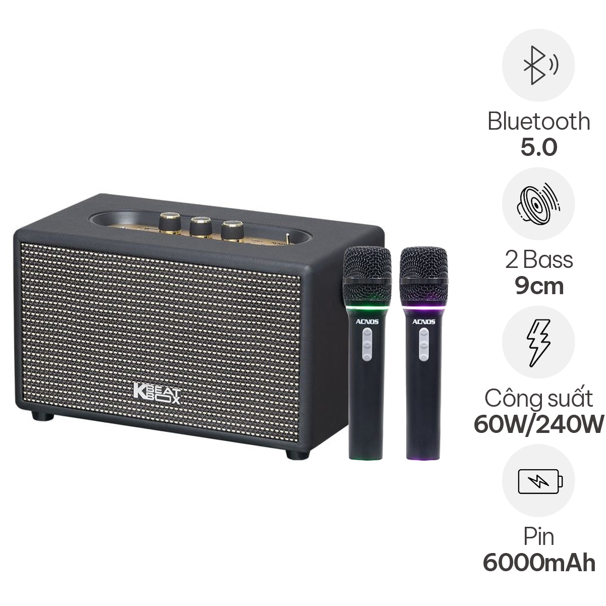 Loa Acnos S60 ((New 2026, 240W, Bluetooth 5.0, Kèm 2 tay micro)