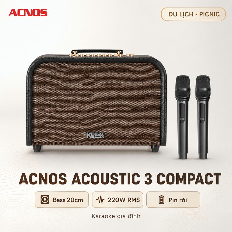 Loa Acnos Acoustic 3 Compact (New 2026, Bass 20cm, 220W, Quai Xách, Pin Rời, Kèm 2 micro)