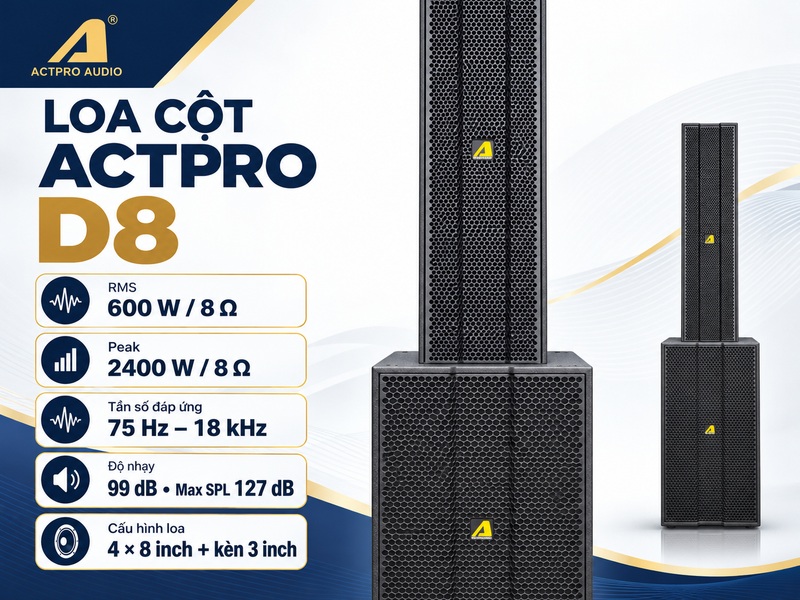 Loa cột D8: RMS 600 W, bốn loa 8 inch v&agrave; k&egrave;n 3 inch