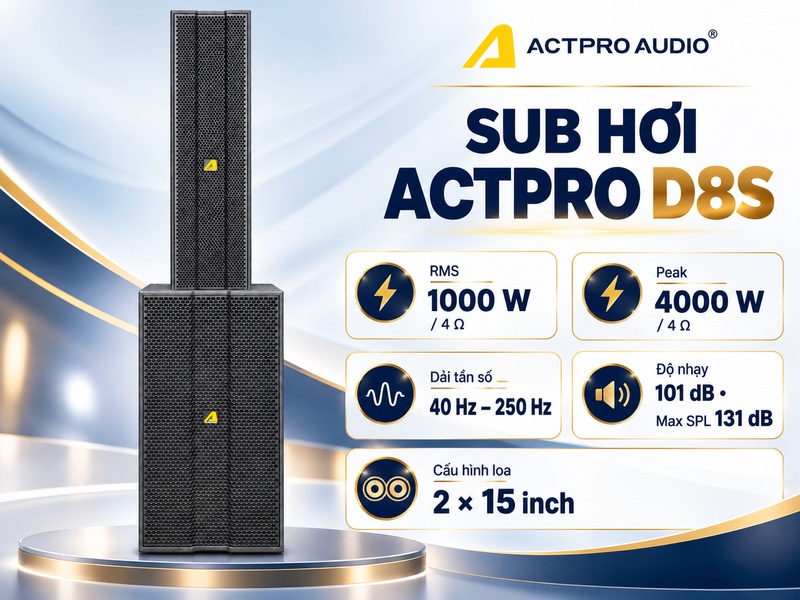 Sub hơi D8S: hai bass 15 inch, RMS 1000 W