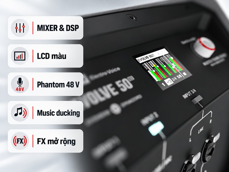 Mixer, LCD màu, phantom 48 V và xử lý DSP EVOLVE 50 G2