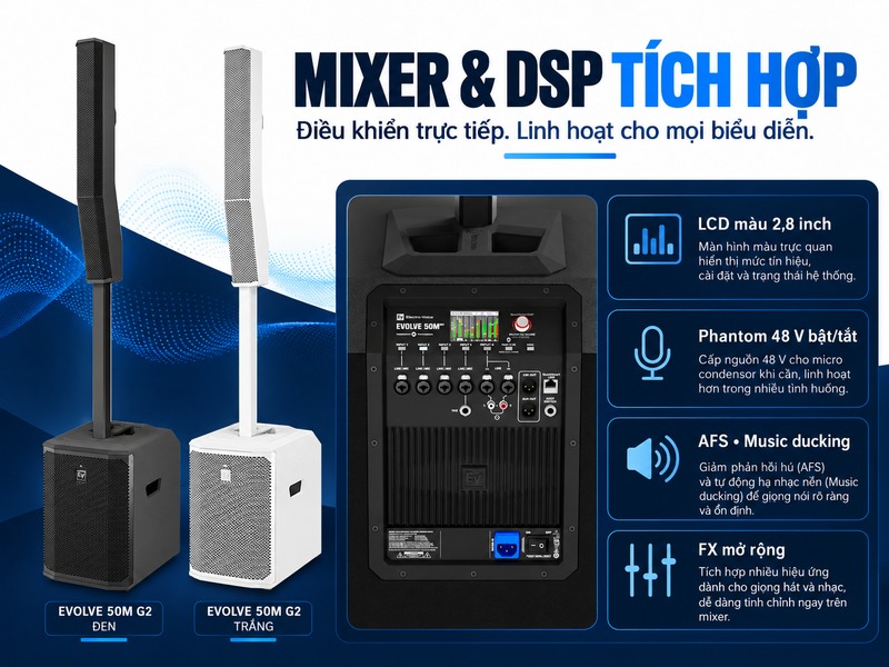 Mixer, LCD màu 2,8 inch, phantom 48 V và AFS