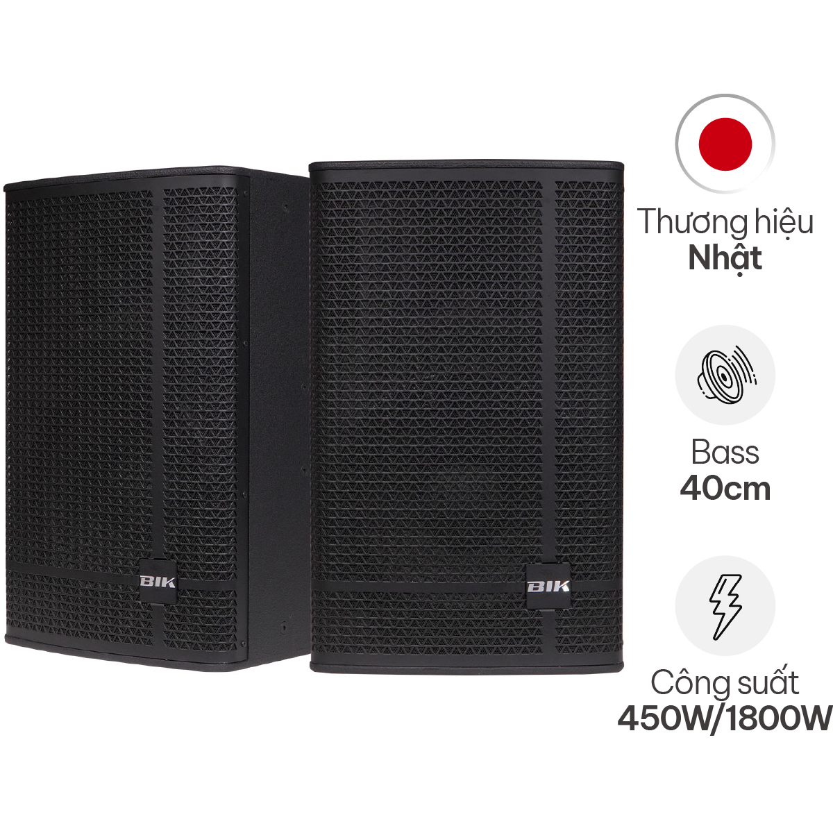 1/5 Loa Karaoke BIK KSP-5015 Hình ảnh sản phẩm Thông số sản phẩm 100% hàng chính hãng Đền gấp 3 lần nếu phát hiện hàng giả Giá luôn rẻ nhất Gọi để có giá tốt nhất Việt Nam Hệ thống 15 cửa hàng lớn nhất Việt Nam Trả góp 0% Trả góp online từ 0% Đặc điểm nổi bật BIK KSP-5015 là Loa hát karaoke bass 40cm đình đám của hãng BIK - Nhật Bản, sản phẩm thuộc series KSP, sử dụng hát karaoke, nghe nhạc, phòng hát chuyên nghiệp cho không gian phòng từ 40-50m2. + Cấu tạo: 2 loa 2 đường tiếng, gồm 1 loa bass 40cm, 1 loa treble loại còi + Công suất RMS/Max 450W/ 1800W chất âm sống động, mạnh mẽ + Tần số đáp tuyến: 45Hz-20KHz + Độ nhạy: 100dB/W/m Loa karaoke BIK KSP-5015 sở hữu kiểu dáng đẹp, trẻ trung và chất lượng âm thanh vượt trội hứa hẹn khuấy động không gian giải trí của bạn theo cách đặc biệt nhất. Xuất xứ từ thương hiệu BIK Japan uy tín hàng đầu hiện nay, loa sở hữu công suất lớn và độ ổn định cao, phù hợp sử dụng cho dàn karaoke gia đình cao cấp, dàn âm thanh sân khấu, hội trường,… Đánh giá thiết kế Loa karaoke BIK KSP-5015 Loa karaoke BIK KSP-5015 sở hữu kiểu dáng được thiết kế chuyên nghiệp và tỉ mỉ từng chi tiết, các đường nét vuông vắn, khỏe khoắn cho hiệu suất sử dụng bền bỉ trong thời gian dài. Thùng loa được kết cấu từ gỗ MDF cứng cáp, bền bỉ, được phun sơn đen nhám chống xước và chống bám bụi tốt. Loa karaoke BIK KSP-5015 Kích thước (RxCxS) của của loa là 440mm x 692mm x 484mm cùng trọng lượng mỗi chiếc là 31.95Kg mang đến vẻ ngoài mạnh mẽ, cao cấp phù hợp nhiều không gian nội thất khác nhau. Mặt trước của loa BIK KSP-5015 được bao phủ bởi một tấm ê căng cao cấp, chịu lực tốt, chống bụi bẩn, hạn chế tối đa tác động của môi trường bên ngoài đến linh kiện bên trong. Logo BIK nổi bật trên nền đen, thể hiện sự tự hào của thương hiệu. Cổng kết nối phía sau được bố trí trực quan, khoa học dễ sử dụng và tương thích với nhiều thiết bị âm thanh phổ biến khác. Đánh giá chất lượng Loa karaoke BIK KSP-5015 Hệ thống 2 loa 2 đường tiếng BIK KSP-5015 là dòng loa karaoke 2 đường tiếng, bao gồm 1 củ loa bass đường kính lớn 40cm hình nón cho âm trầm sâu và chắc, âm cao sáng rõ, tự nhiên đảm nhận bởi 1 loa treble loại còi giúp tái hiện đầy đủ dải âm tần một cách mượt mà và tự nhiên nhất đến người nghe. Công suất vượt trội Trái ngược với kích thước gọn gàng thanh mảnh là mức công suất 450W/1800W cực kỳ ấn tượng, đủ sức khuấy động các không gian giải trí diện tích vừa và rộng với âm thanh mạnh mẽ và có độ vang xa. Góc phủ âm rộng (VxH) là 80°x 50° lan tỏa âm thanh đồng đều và chuẩn xác tới mọi vị trí người nghe, dù không gian đông người và có nhiều vật cản. Độ nhạy cao lên đến 10dB giúp loa duy trì âm thanh mạnh mẽ và phong phú ngay cả khi hoạt động ở cường độ cao trong thời gian dài, đồng thời tiết kiệm điện năng tối đa. Độ bền cao Loa BIK KSP-5015 được sản xuất và phát triển trên dây chuyền công nghệ hiện đại, linh kiện chuẩn Nhật. Trải qua quá trình gia công kỹ lưỡng và nghiêm ngặt từ đội ngũ kỹ sư hàng đầu của BIK mang tới dòng loa karaoke có hiệu suất chơi nhạc mạnh mẽ, hoạt động bền bỉ và ổn định trong thời gian dài mà vẫn mang đến chất âm đầy đặn và tự nhiên. Ứng dụng trong thực tiễn Loa karaoke BIK KSP-5015 có thể phối ghép với nhiều thiết bị như cục đẩy, vang số, micro, loa sub… mang lại hệ thống âm thanh tốt nhất, phục vụ nhu cầu karaoke, nghe nhạc, giải trí, sự kiện, sân khấu hội trường… chất lượng cho người dùng. Thông số kỹ thuật Loại loa: Loa trầm loại phản xạ âm trầm 2 chiều Loa bass: Hình nón 250mm Loa tweeter: Loại còi Đáp tuyến tần số: 45Hz-20KHz Độ nhạy (SPL): 100dB/1W/1m Tối đa (SPL): 126dB/1m(Đỉnh:132dB/1m) Công suất Peak: 1800W Công suất Max/Program: 900W Công suất RMS: 450W Trở kháng: 8Ω Góc phủ âm (VxH): 80°x 50° Kích thước (W×H×D): 440mm x 692mm x 484mm Trọng lượng: 31.95Kg/loa Chế độ bảo hành dài hạn Loa BIK được nhập khẩu bởi Công Ty TNHH Quốc Tế BK SOUND VIỆT NAM. ➣ Xem thêm: Loa BIK thuộc thương hiệu nước nào, Sản xuất tại đâu ? Bảo Châu Elec là đơn vị phân phối loa BIK chính hãng đảm bảo chất lượng tốt nhất, có đầy đủ giấy chứng nhận hải quan CO, CQ với giá thành rẻ nhất thị trường. Khi mua loa BIK khách hàng sẽ nhận được chế độ bảo hành dài lâu tới 3 năm trong khi rất nhiều loa cùng phân khúc giá trên thị trường chỉ bảo hành rất ngắn, người dùng có thể yên tâm sử dụng sản phẩm trong thời gian dài. Hiện sản phẩm Loa karaoke BIK KSP-5015 đang được Bảo Châu Elec phân phối với giá thành tốt nhất thị trường cùng nhiều quà tặng hấp dẫn. Bảo Châu Elec đảm bảo chất lượng hàng chính hãng, đầy đủ giấy chứng nhận CO, CQ và luôn đảm bảo quyền lợi cho khách hàng của mình. Loa karaoke hay nhất hiện nay 400+ Mẫu LOA KARAOKE Chính Hãng Đáng Mua Nhất Năm 2023 Giá Khuyến Mãi Tới 50% Bảo Châu Elec địa chỉ BÁN Loa Karaoke Gia Đình, Loa karaoke chính hãng giá RẺ phòng hát chuyên nghiệp. Loa hát karaoke Mỹ, Nhật, độ bền caotừ các thương hiệu: BMB, JBL, Bose, loa Alto, loa BIK, Paramax, yamaha... với giá RẺ NHẤT thị trường. Xem Ngay! Tìm Kiếm Nhiều: Loa karaoke Loa Kéo Dàn Karaoke Loa JBL Loa BIK Loa BMB Loa Alto Loa Domus Loa RCF Công Trình Loa Bose Nâng Cấp Dàn Karaoke Dàn Hội Trường Xem thêm Sản phẩm chưa có đánh giá, hãy trở thành người đầu tiên đánh giá sản phẩm này! Viết đánh giá Loa karaoke BIK KSP-5015