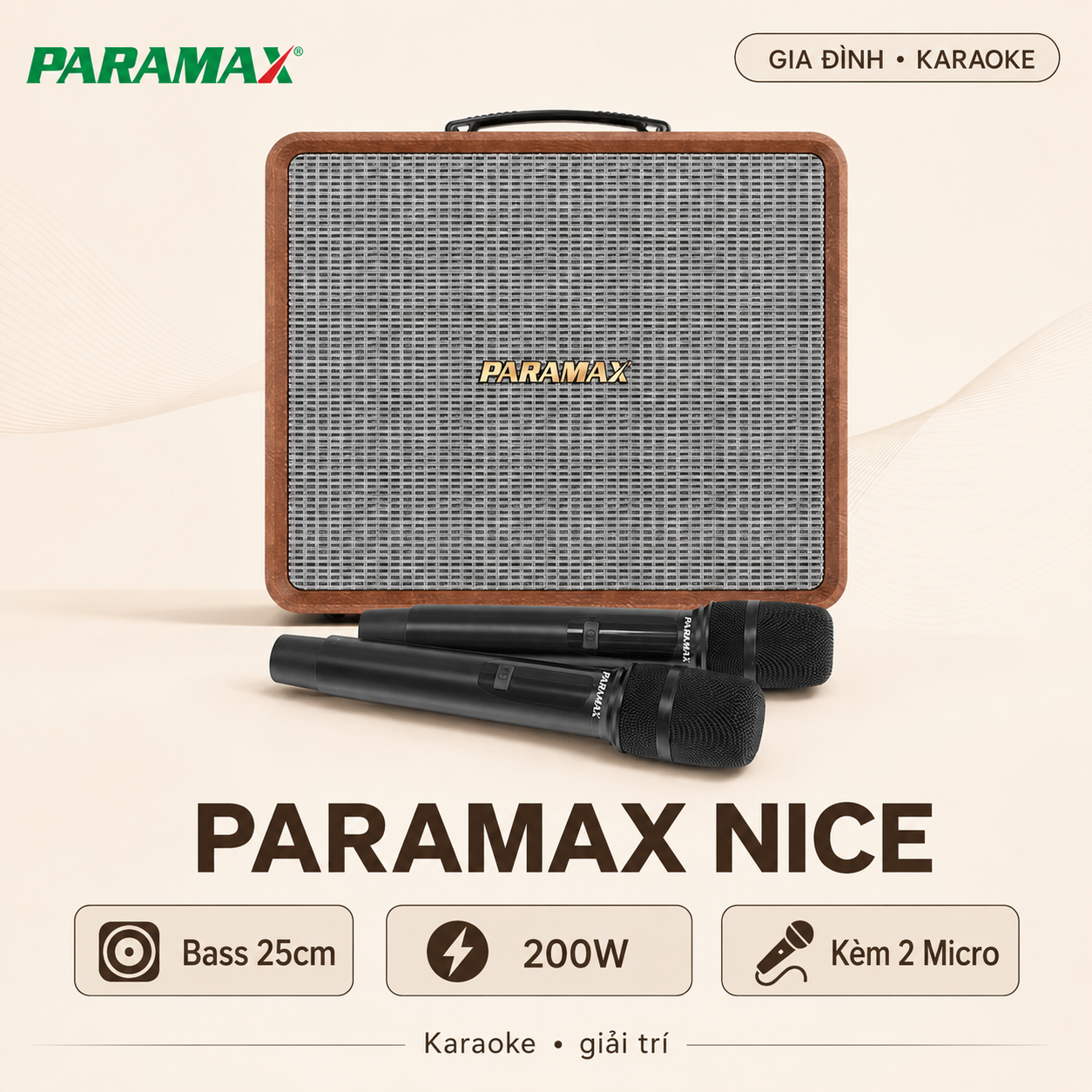 Loa Paramax Nice (Bass 25cm, 200W, Kèm 2 Micro)