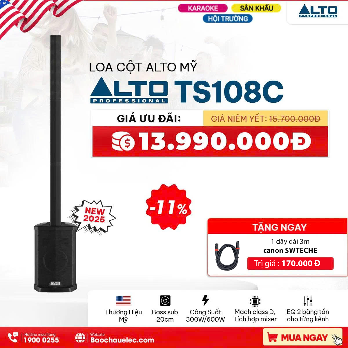 Loa cột Alto TS108C (New 2025, Bass 20cm, RMS 300W, Mixer 3 kênh tích hợp, class D) - Hình 1