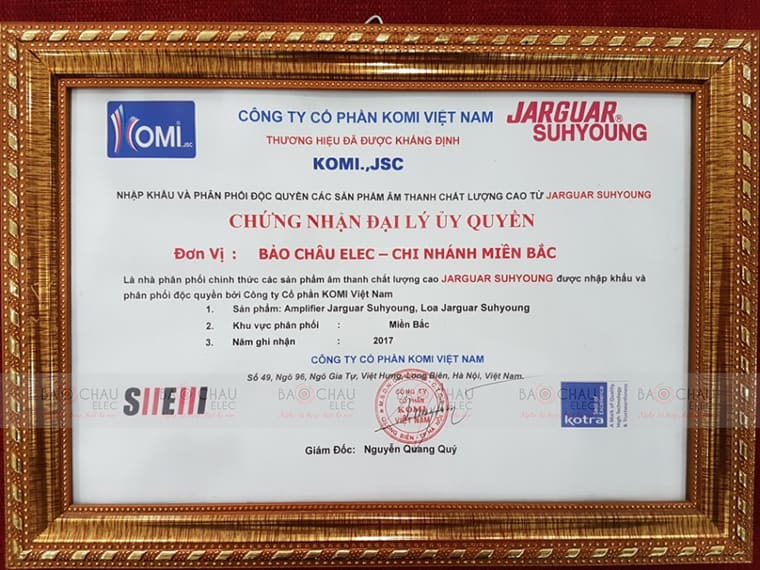 Giấy chứng nhận phân phối amply karaoke Jarguar Suhyoung chính hãng